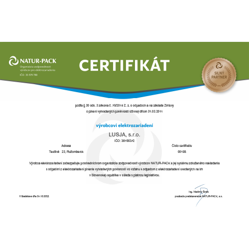 Certifikát NATUR-PACK výrobcovi elektrozariadení LUSJA, s.r.o.