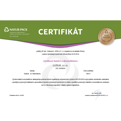Certifikát NATUR-PACK výrobcovi batérií a akumulátorov LUSJA, s.r.o.