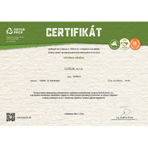 Certifikát NATUR-PACK výrobcovi neobalových výrobkov LUSJA, s.r.o.