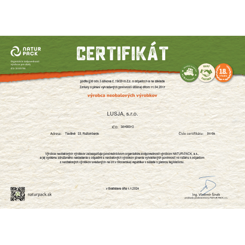 Certifikát NATUR-PACK výrobcovi elektrozariadení LUSJA, s.r.o.