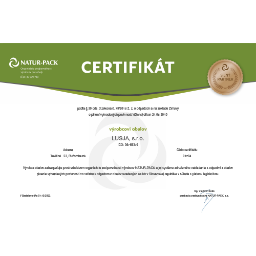 Certifikát NATUR-PACK výrobcovi obalov LUSJA, s.r.o.