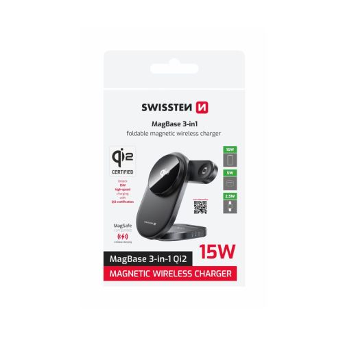 Swissten Magnetic Wireless 15W 3in1 Qi2 Wireless Foldable Ladegerät Schwarz