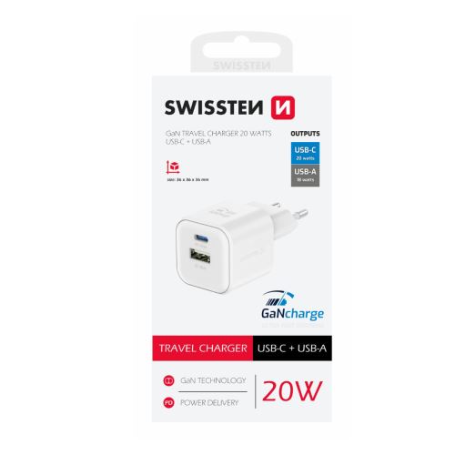 Swissten Sieťový adaptér GaN 1x USB-C 20W PD A 1x USB-A 20W QC biely