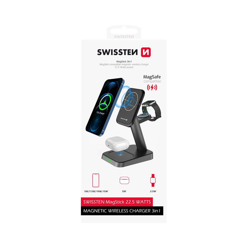 Swissten MagicStick Wireless bezdrôtová nabíjačka 3v1 22,5W čierna